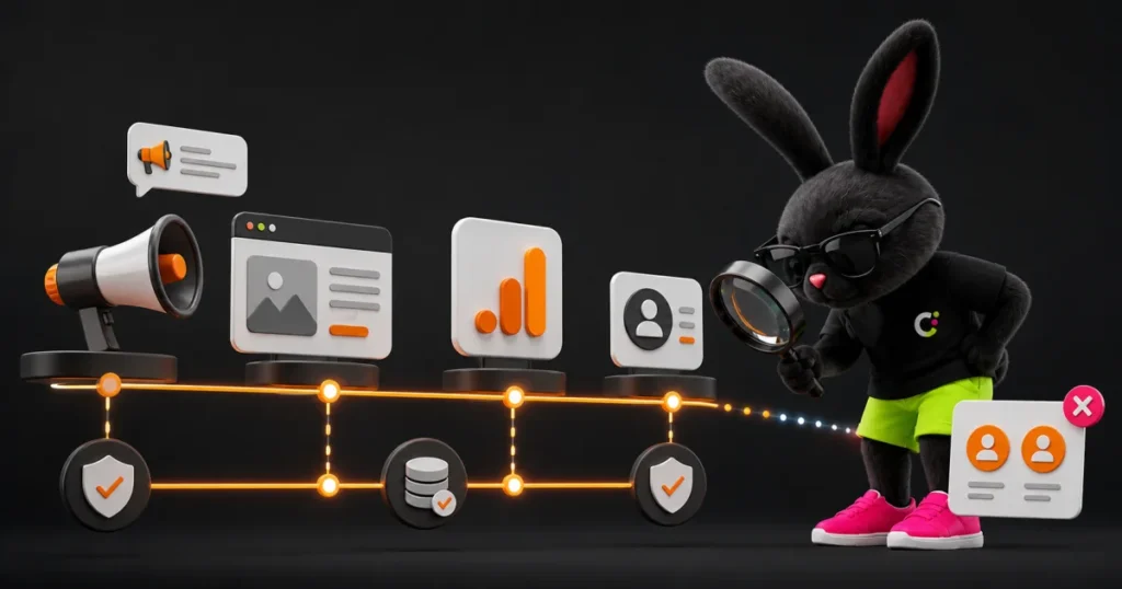 Il coniglio Creattivo illustra tracking delle conversioni: collegare ga4, google ads, meta e crm
